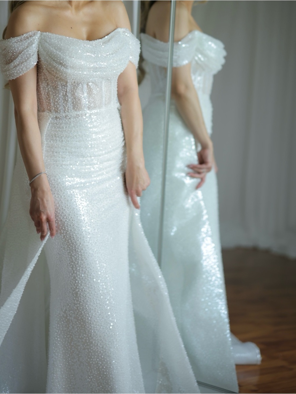 Off-Shoulder White Wedding Sequin Dress